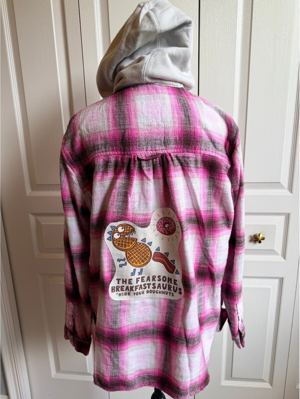 Pink Plaid Hooded Flannel Shirt Jacket with Cartoon Dinosaur Print Medium